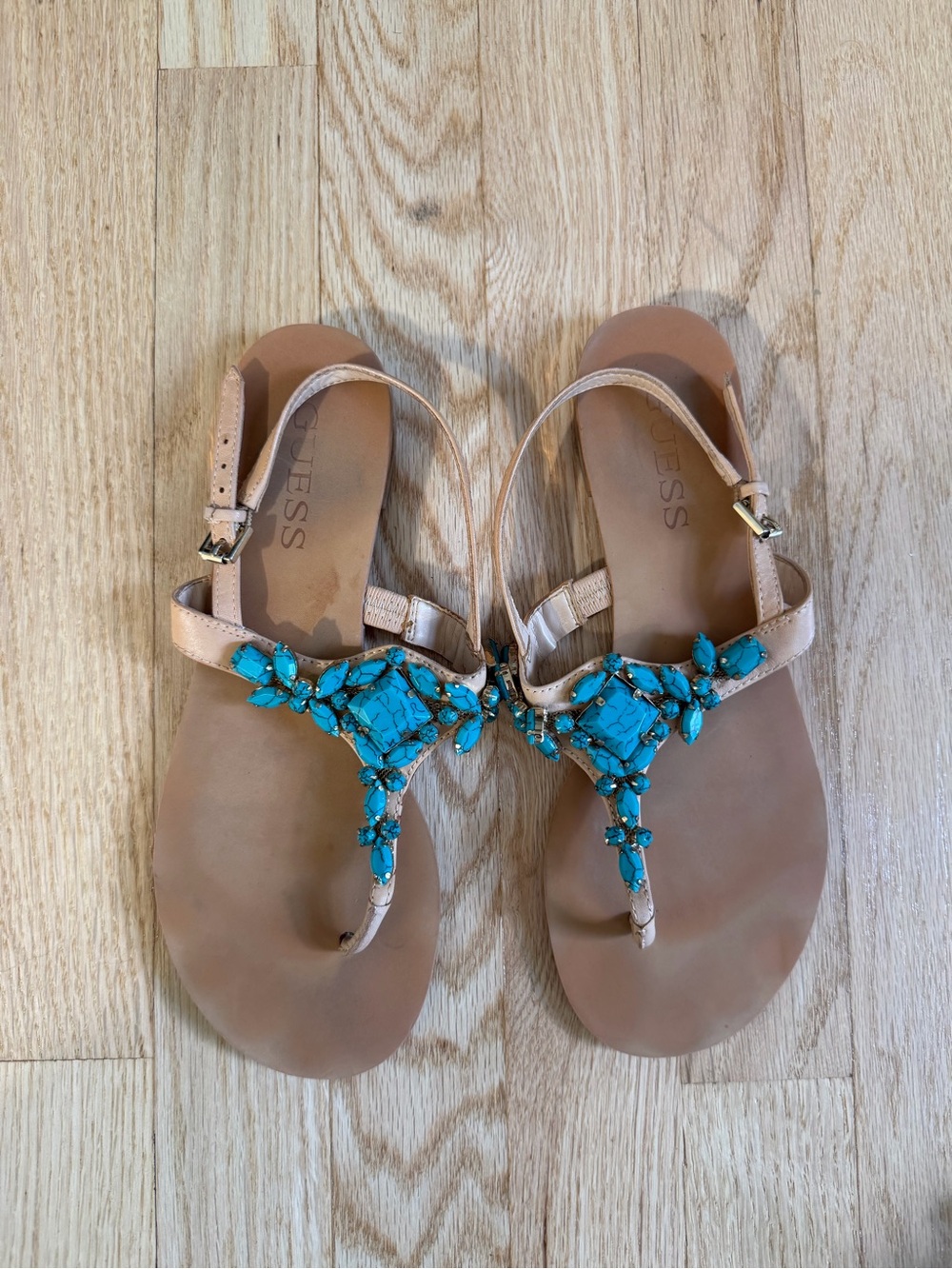 GUESS Beige Sandals with Turquoise Gem Embellishment